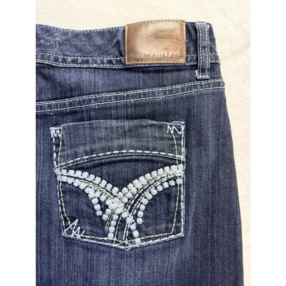 Maurices Dark Wash Denim Maxi Skirt Y2K Boho Embroidered Pockets Size 7/8